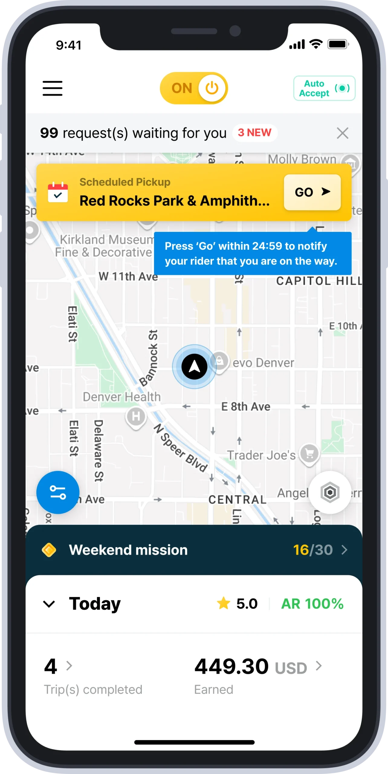 Driver app interface showing active ride requests, scheduled pickup for Red Rocks Park & Amphitheatre, real-time map of Denver, trip completion stats, and $449.30 in earnings.