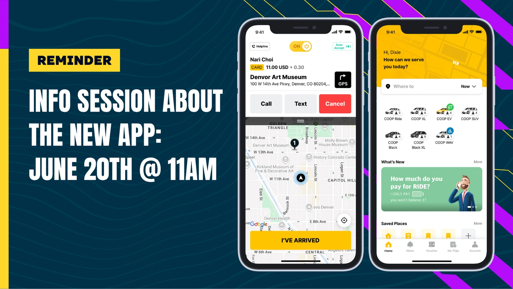Reminder: Info session for new Colorado Drivers Co-op app on June 20 at 11AM, showing app screenshots.