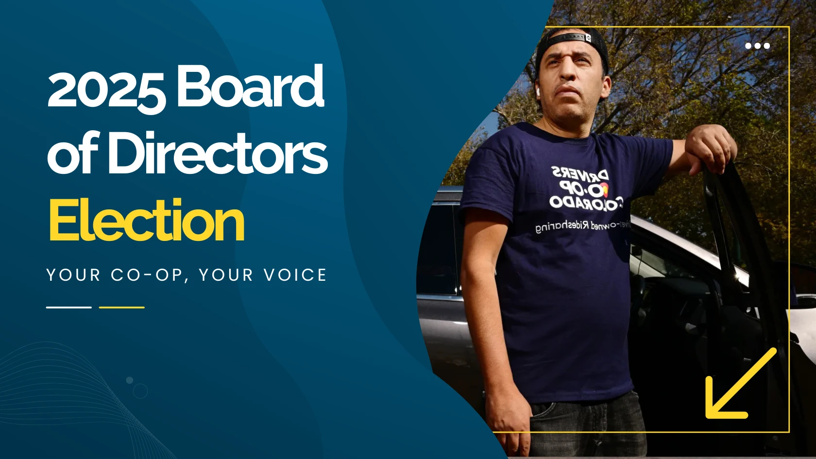Man standing beside car wearing 'Drivers Co-op Colorado' shirt, promoting 2025 Board of Directors election with text 'Your Co-op, Your Voice' on blue background