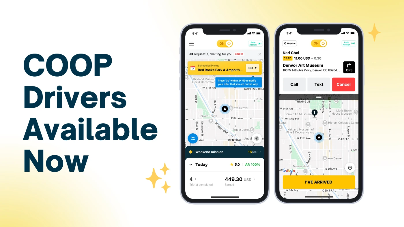 COOP Drivers Available Now – promotional graphic showing the COOP Driver app interface on two smartphones with a live map of Denver and trip details, highlighting the app’s launch and driver availability.