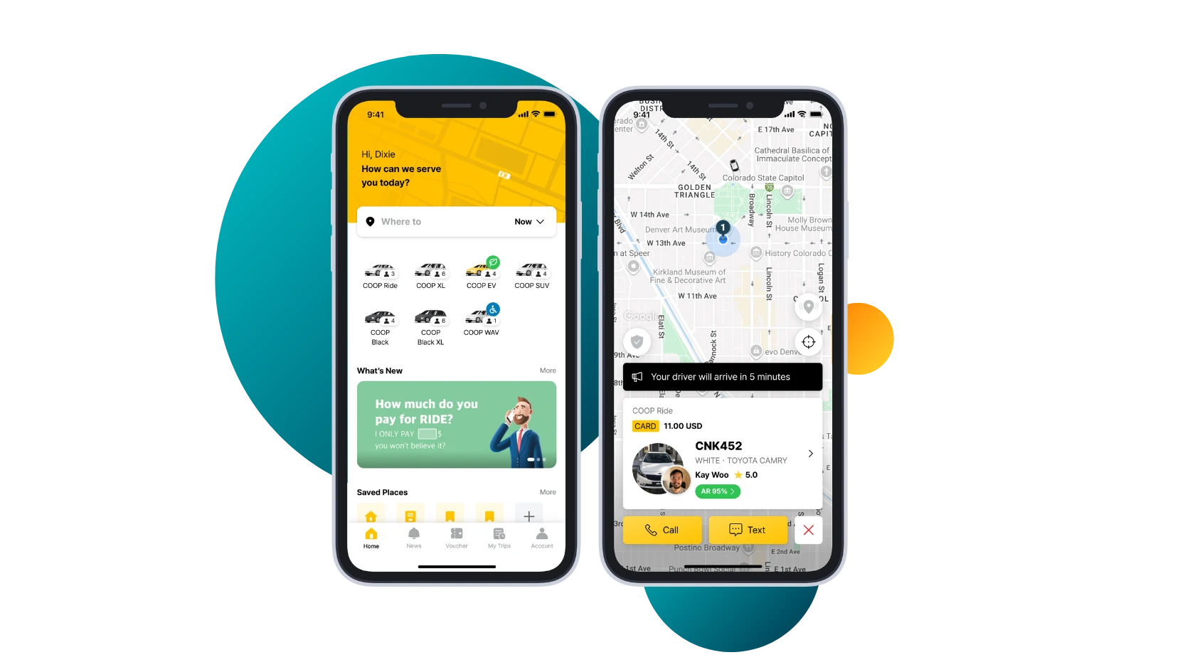 Preview of COOP Rideshare app interface showing ride options, real-time driver tracking, and booking screen—Colorado’s only driver-owned rideshare platform.