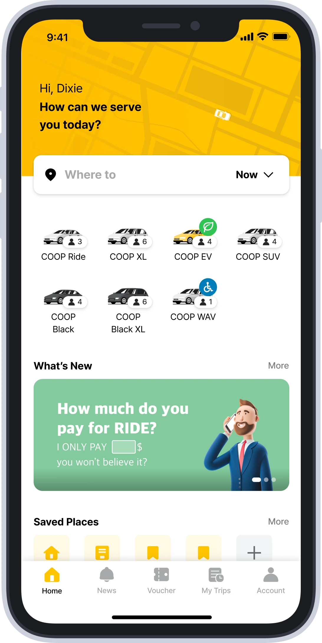 COOP Rideshare app home screen showing ride options including COOP Ride, XL, EV, SUV, Black, Black XL, and WAV, with navigation bar and saved places menu on a smartphone interface
