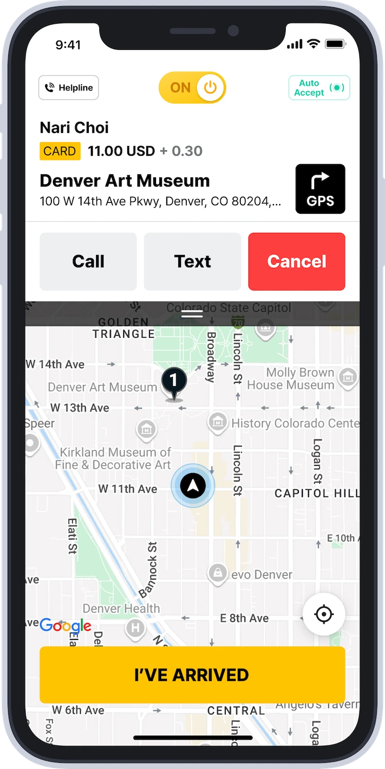 COOP Drivers app interface showing a pickup at Denver Art Museum, with GPS navigation, contact options, and 