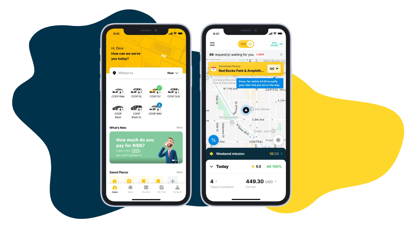 Dual smartphone screens displaying a ride-hailing app interface with vehicle selection options and driver dashboard featuring map navigation and earnings summary.