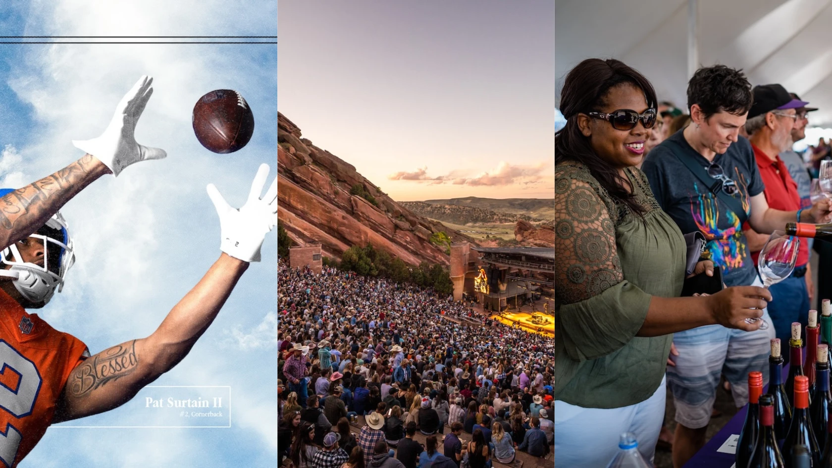 Collage featuring Denver Broncos player Pat Surtain II in action, a packed concert at Red Rocks Amphitheatre at sunset, and wine enthusiasts sampling bottles at a tasting event under a tent.