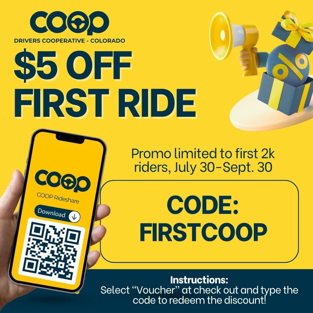 COOP Rideshare Colorado promo offering $5 off first ride for first 2,000 riders between July 30 and Sept. 30, with discount code FIRSTCOOP and QR code for app download.