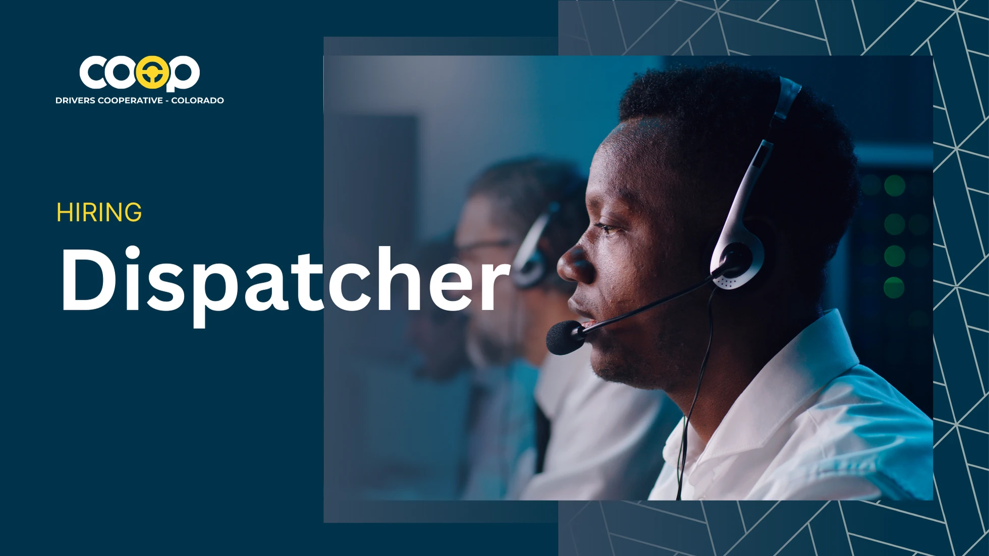 Drivers Cooperative Colorado hiring dispatcher, close-up of call center operator with headset in modern office.