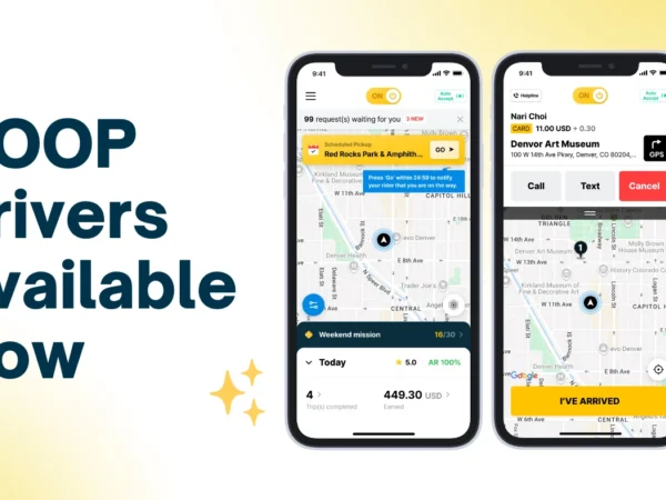 COOP Drivers Available Now – promotional graphic showing the COOP Driver app interface on two smartphones with a live map of Denver and trip details, highlighting the app’s launch and driver availability.