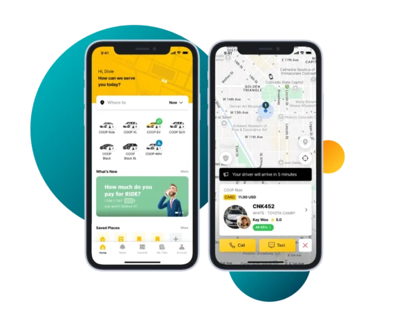 Preview of COOP Rideshare app interface showing ride options, real-time driver tracking, and booking screen—Colorado’s only driver-owned rideshare platform.