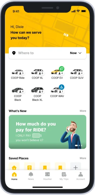 COOP Rideshare app home screen showing ride options including COOP Ride, XL, EV, SUV, Black, Black XL, and WAV, with navigation bar and saved places menu on a smartphone interface