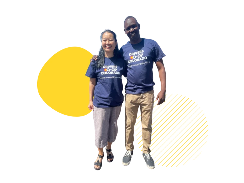 Two smiling driver-owners from Colorado Drivers Cooperative wearing branded t-shirts, representing community-powered rideshare movement